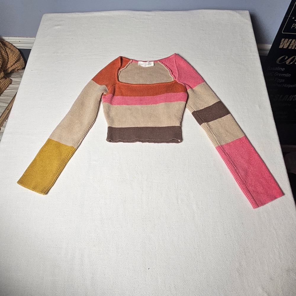 American Threads Women Multi Color Block Ribbed Knit Square Neck Crop Top Small